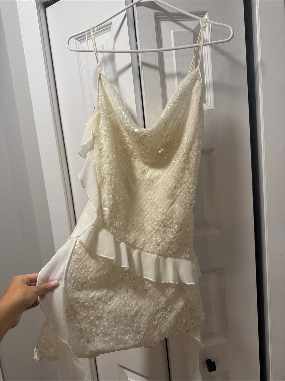 Ivory Sequin Ruffle Slip Dress